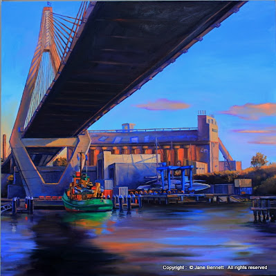 Plein air oil painting of the Anzac Bridge and Glebe Island painted by industrial heritage artist Jane Bennett