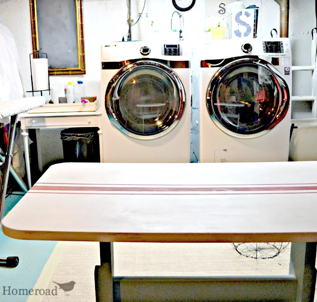 washer and dryer and striped table