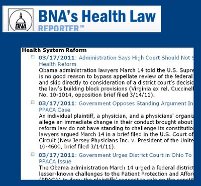 screen shot from BNA Health Law Reporter