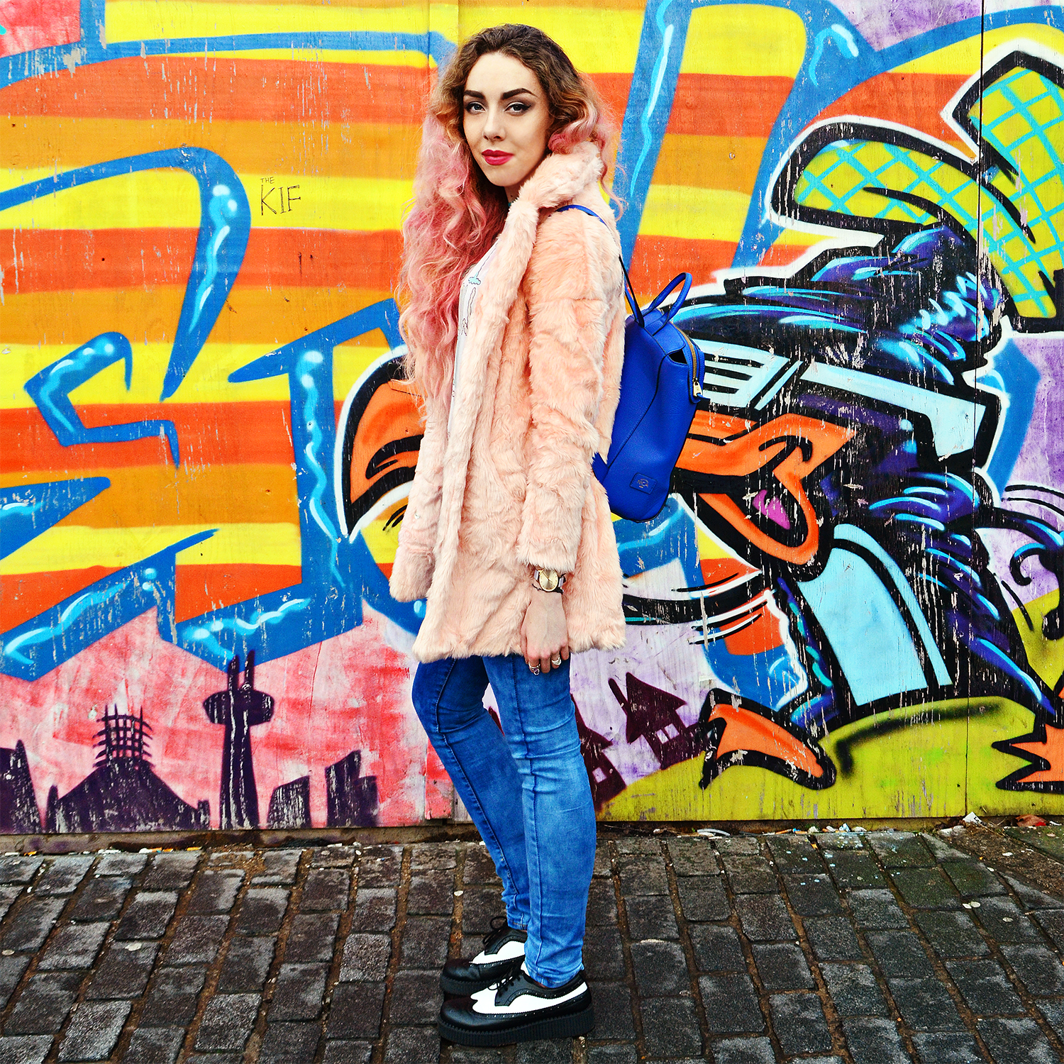 Pink Fur Coat*// Stylemoi T-shirt*// Drop Dead Clothing Acid Jeans*// Dresskode Brogue Creepers*// Spylovebuy Blue Backpack*// Nica Handbags Lilac Watch// Olivia Burton Rings//Euphoria Creations*, Pretty Attitude*, Lyla Loves* Sunglasses*// Polette