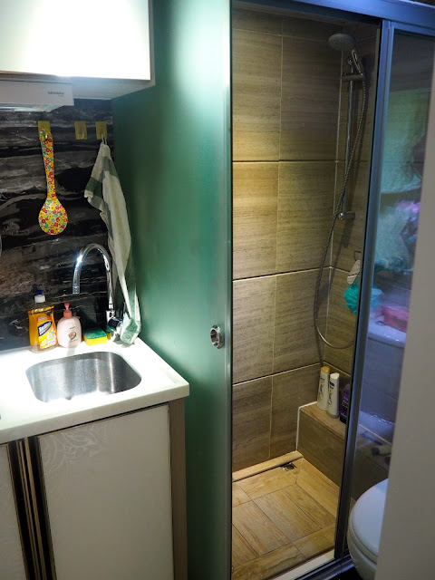 Bathroom and kitchen in my studio apartment in Sham Shui Po, Kowloon, Hong Kong