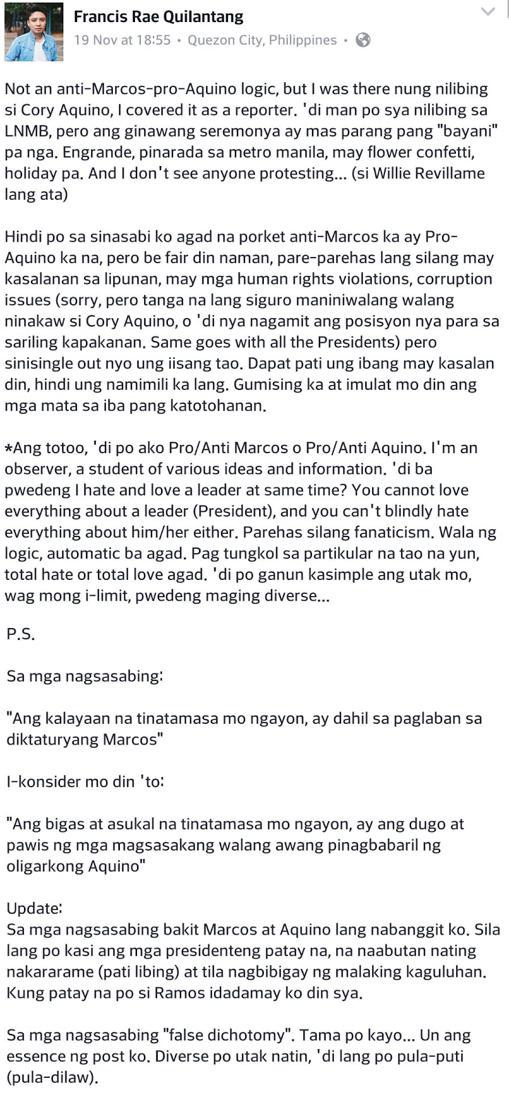 FEU professor claims Marcos burial not for heroes, Cory's was, and she didn't deserve it
