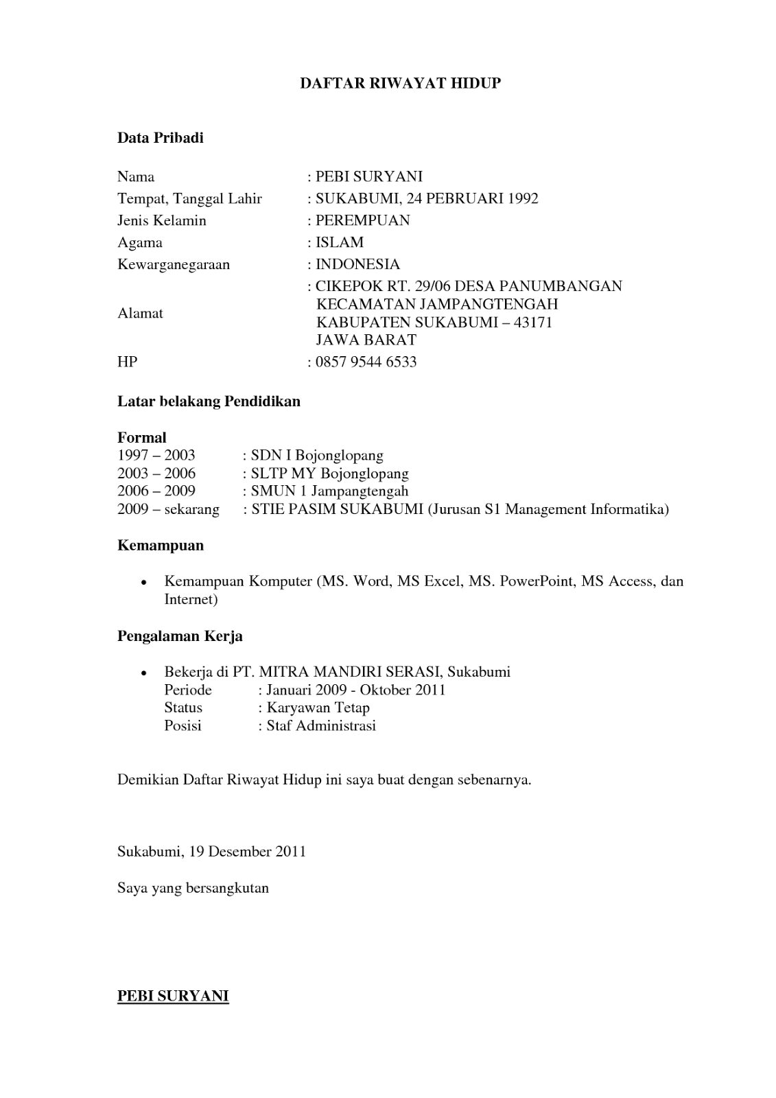 Contoh Daftar Riwayat Hidup Cpns 2013 - Contoh Waouw