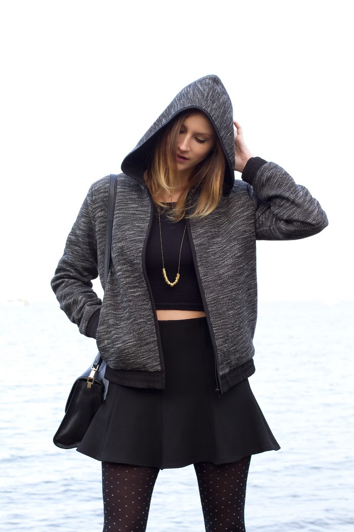 Vancouver Fashion Blogger, Alison Hutchinson, i wearing a T by Alexander Wang Hooded Jacket, American Apparel Crop Top, Zara skater skirt, Kate Spade Bag, Olivia Solie Necklace, and Zara black Booties