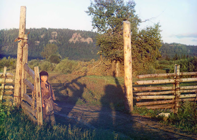 A boy leans on a wooden gatepost in 1910. From the album