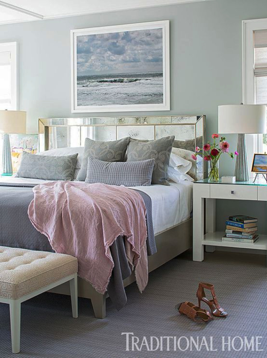 Mirrored Headboard Coastal Bedroom Cottage Decor Idea