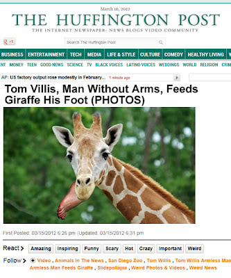 armless man feeds giraffe his foot, San Diego zoo