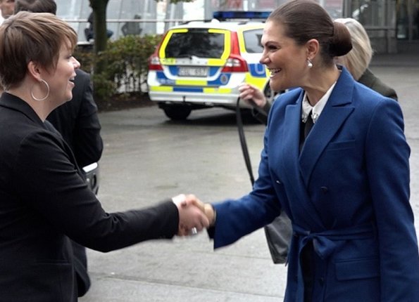 Crown Princess Victoria wore Af Klingberg Rakel Suede Nero Boots, Dagmar Taylor Tote Bag. Blue wool coat