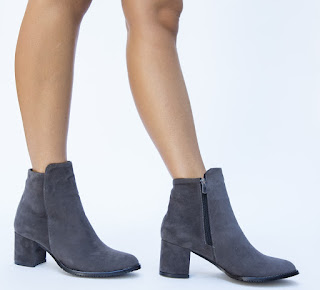 Botine gri de dama cu toc mic, de iarna din piele eco intoarsa de zi, simple Botine gri de dama cu toc mic, de iarna din piele eco intoarsa de zi, simple