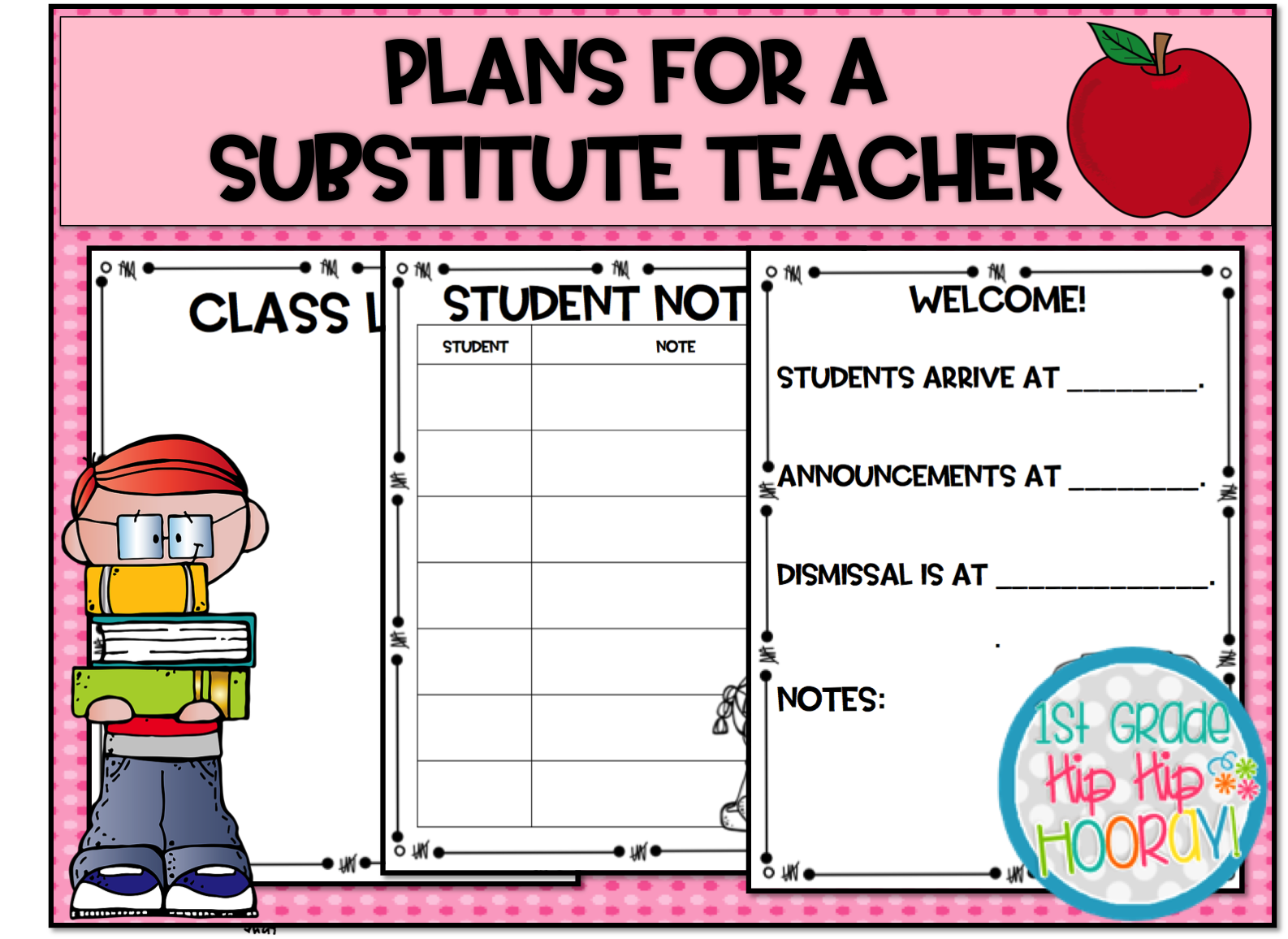 1st Grade Hip Hip Hooray! Substitute Teacher Plans!! (Editable)
