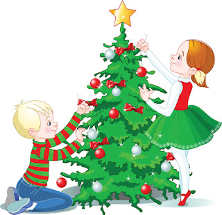 Clipart image of children decorating a Christmas tree