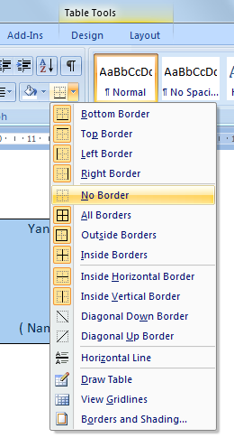 Gambar: Contoh cara menggunakan toolbar border tabel Microsoft Word
