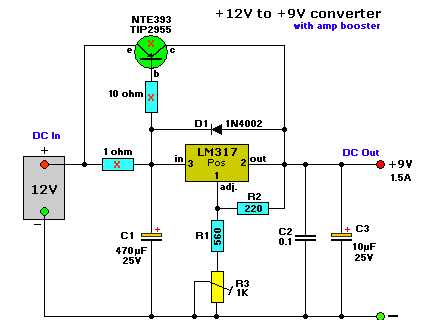 Build a Simple +12v to +9v converter | Electronic Circuits Diagram