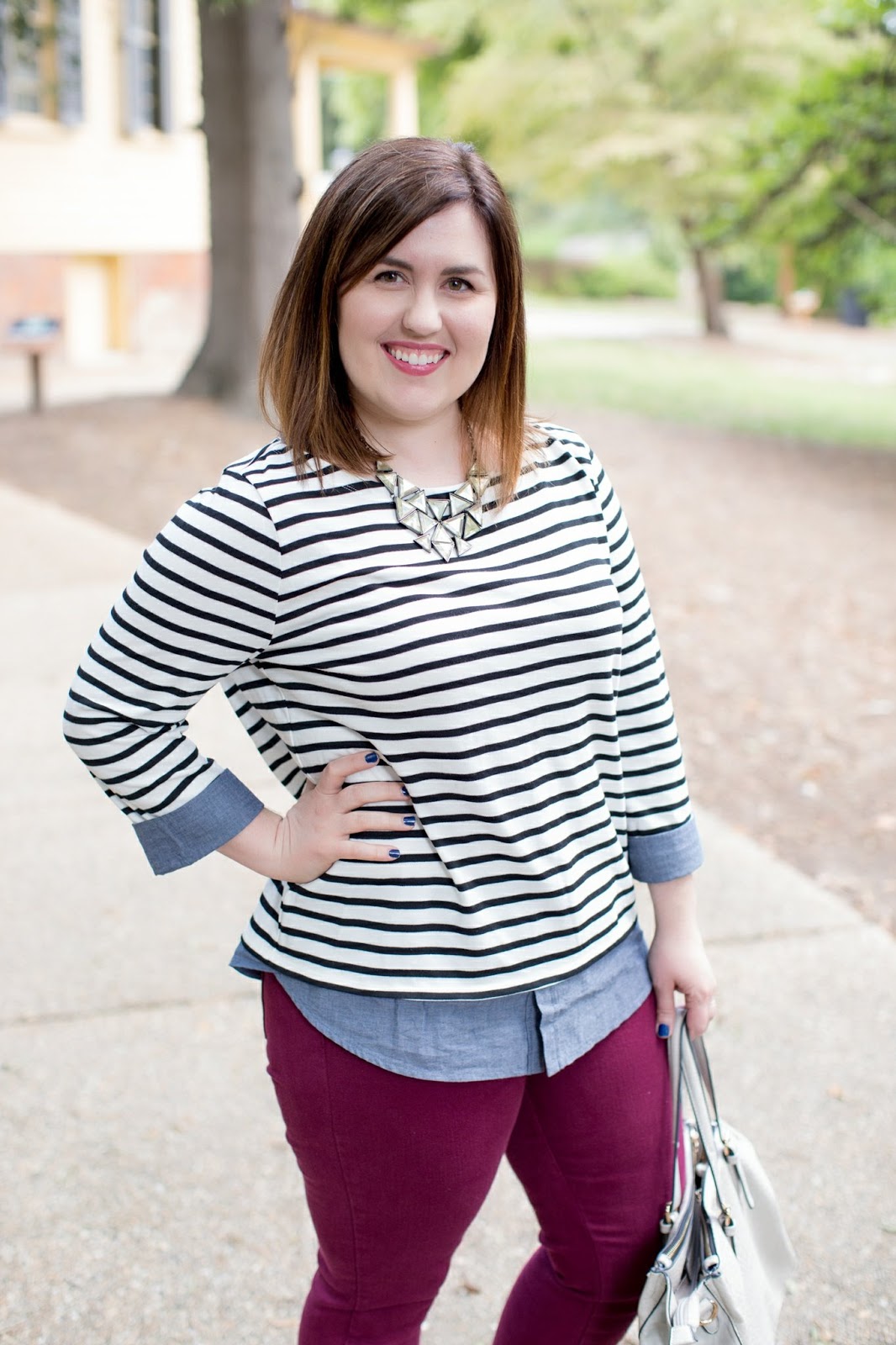 Rebecca Lately Fall Outfit Stripes Chambray Maroon Jeans