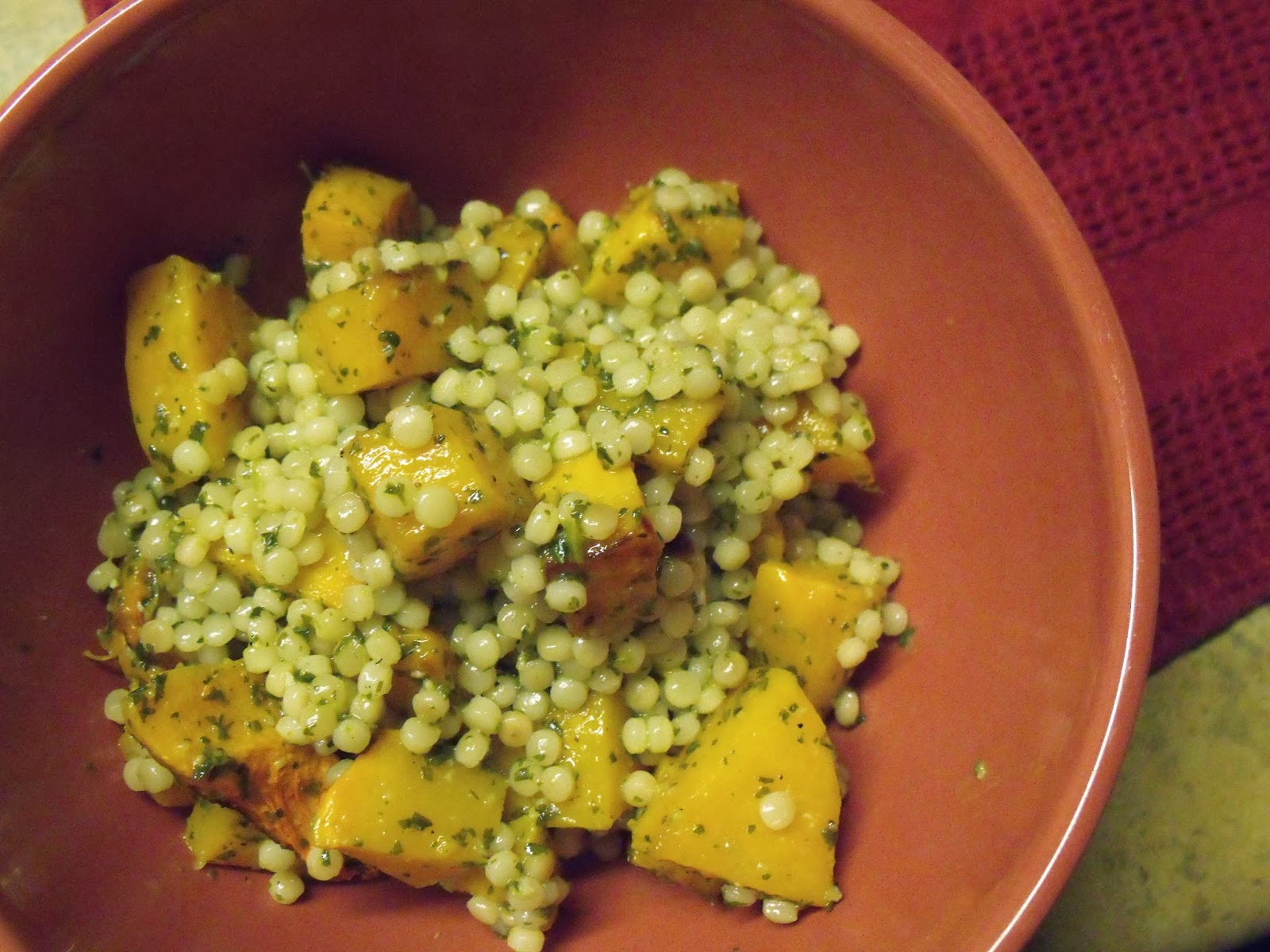 Simply Delicious Israeli Couscous with Butternut Squash and Cilantro Sauce