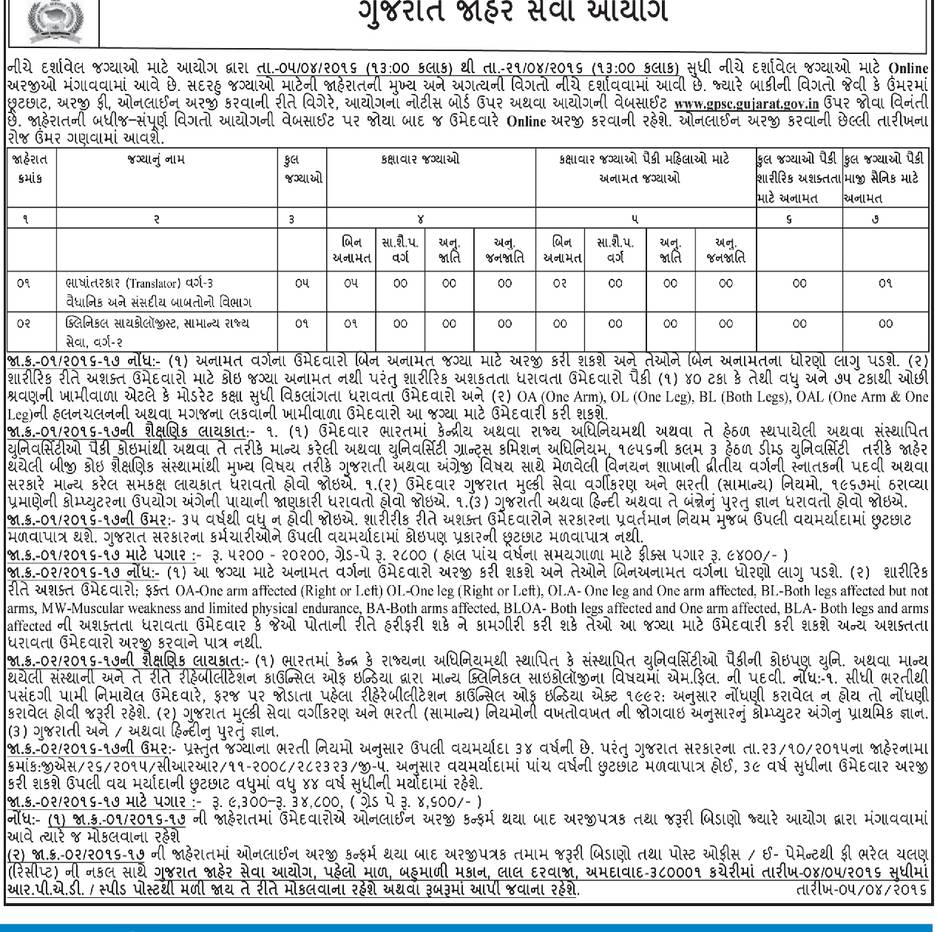 https//gpscojas.gujarat.gov.in Translator and Clinical Psychologist