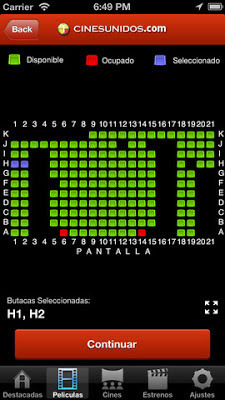 Selección de asientos en aplicación de Cines Unidos para iPhone