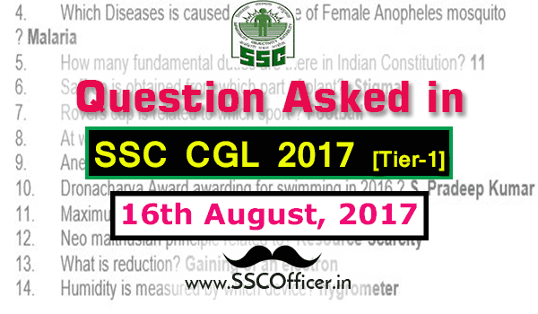 Question Asked in SSC CGL 2017 Tier-1 on 16th August- [PDF]- SSC Officer