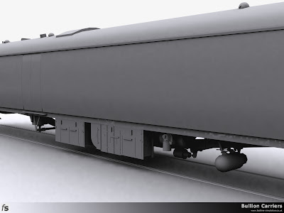 Fastline Simulation - Bullion Carriers: An in development render of the NWX Bullion Van for Train Simulator 2013. This underframe render shows (from left to right) vacuum cylinder, battery box, Stone's generator, distributor with air tank behind and air brake cylinder below with the dynamo nearest the viewer.