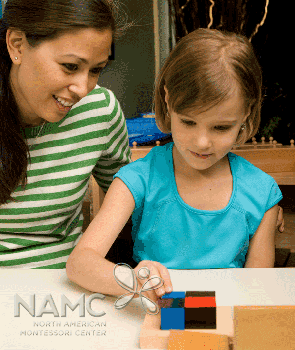 montessori abstract materials to concrete: binomial cube. girl and teacher working with cube