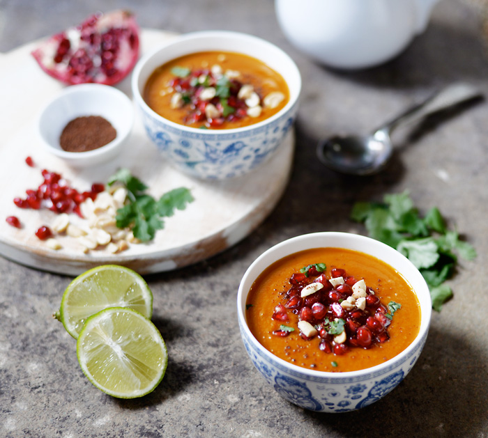 Lemon & Vanilla Sweet potato, sumac and pomegranate soup with roasted