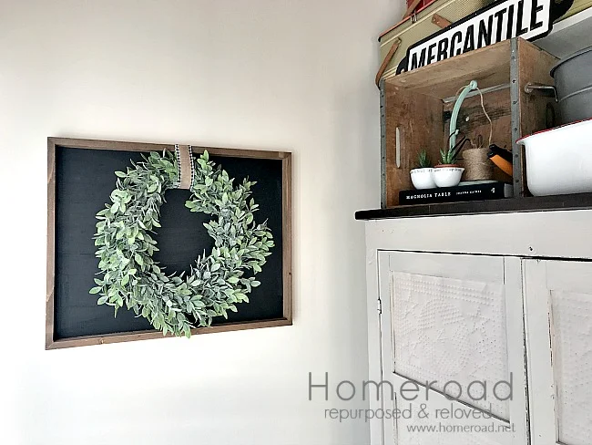 Farmhouse styled chalkboard with Wreath. Homeroad.net