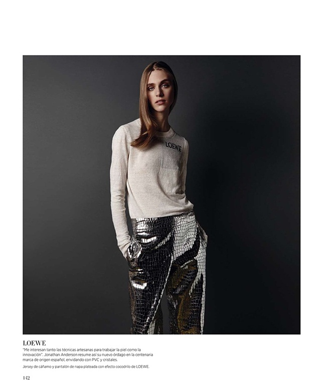 Harper's Bazaar Spain February 2016, Hedvig Palm by Nagi Sakai 2016 SS Loewe Silver Crocodile-Embossed Leather Trousers Editorials