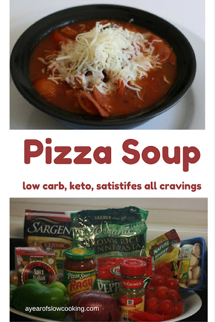 I love this soup. It completely satisfies any and all pizza cravings with very little carbs. I like to shove in lot of vegetables and add tons of shredded cheese on top.