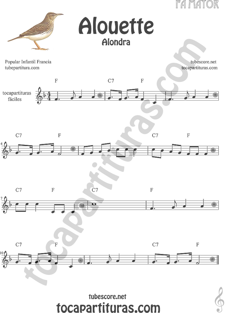 tocapartituras Alouette (Alondra) Canción infantil Partitura de Flauta