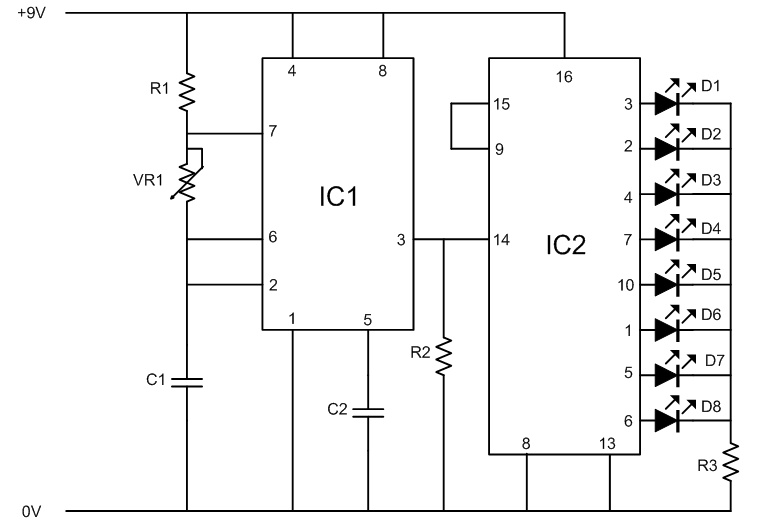 Belajar Elektronika Skema Rangkaian Running LED Menggunakan IC 555 dan