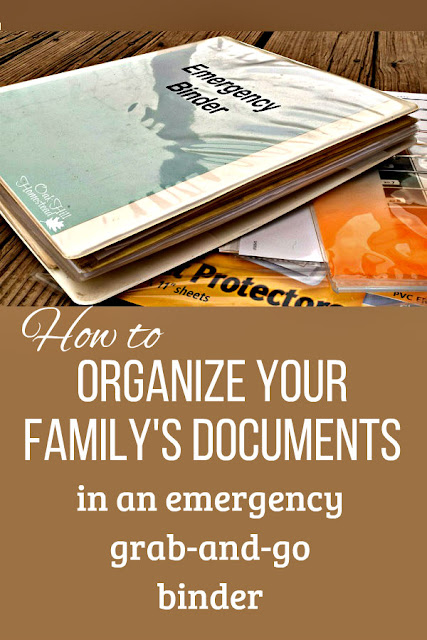 A white binder/notebook and supplies to make an emergency binder. Text: "How to organize your Emergency Grab and Go Binder"