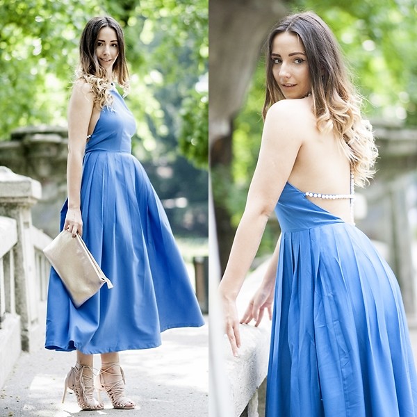 http://lookbook.nu/manuella SheIn 2016 Summer Blue Pearl-trimmed Neck Backless Pleated Dress