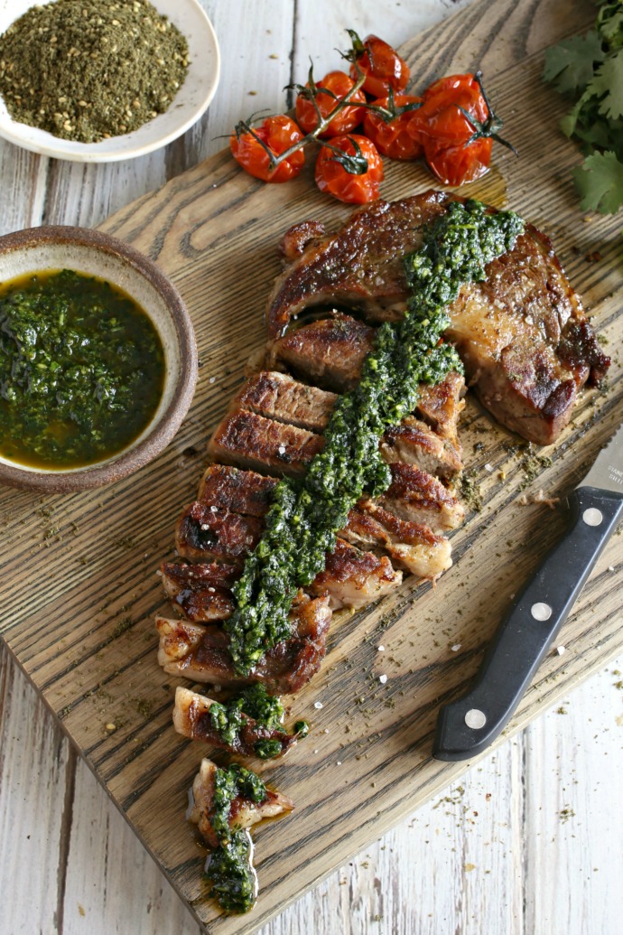 Grilled steak, crusted with za'atar and served with a spicy herb and garlic sauce.