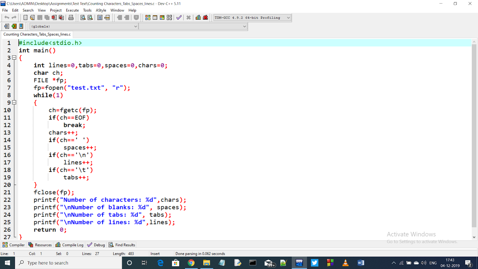 Counting Characters,Tabs,Spaces and Newlines in C-Language