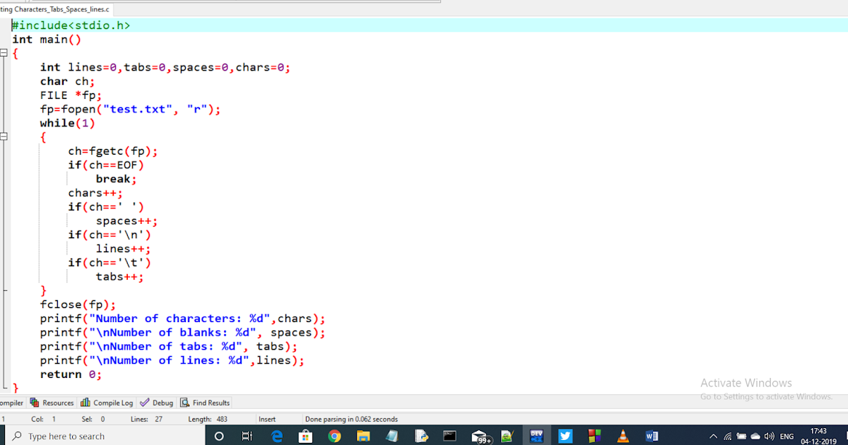 Counting Characters,Tabs,Spaces and Newlines in C-Language