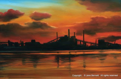 plein air oil painting of  BHP steelworks Kooragang Island by industrial heritage artist Jane Bennett