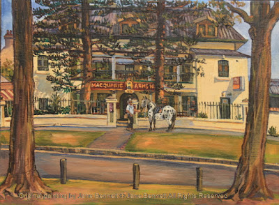 plein air oil painting of colonial heritage architecture, the Macquarie Arms in Thompson's Square, Windsor, painted by artist Jane Bennett