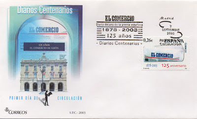 Sobre PDC del sello del 2003 dedicado al diario centenario El Comercio, Asturias