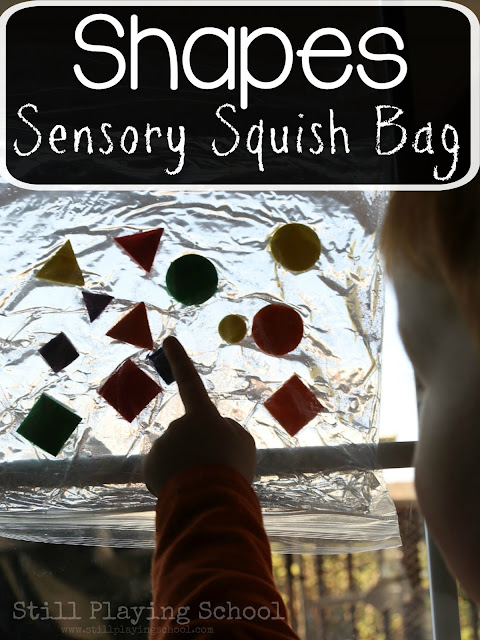 Kids learn to identify shapes and colors by creating this sensory shape squish bag!