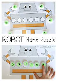 Kids learn to read, spell, and write their name with this free robot name puzzle mat!