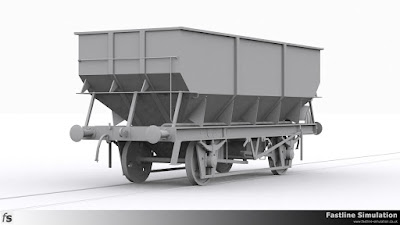 Fastline Simulation: A track level view of one of the dia. 1/146 coal hoppers which has gained a new body.