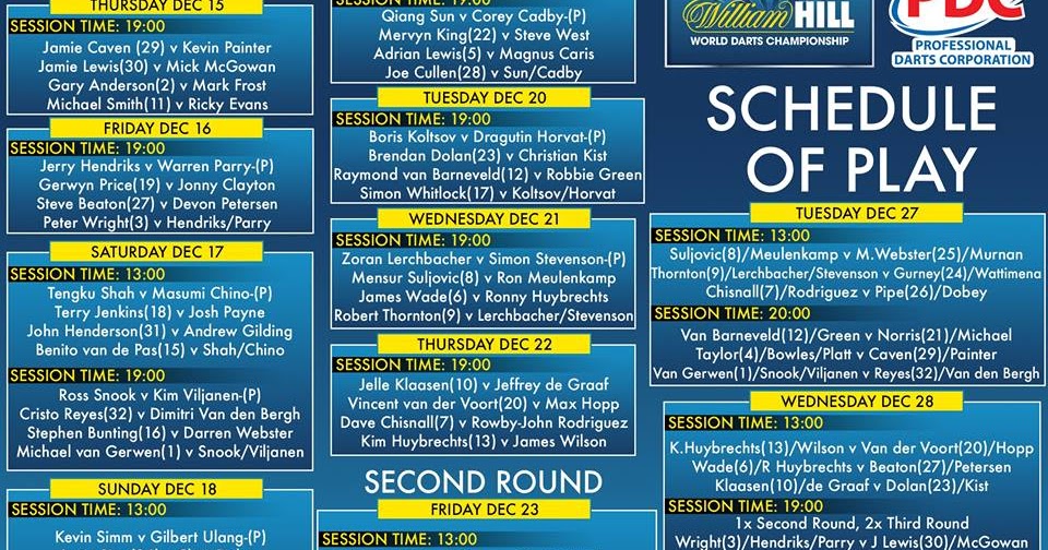 All About Darts SCHEDULE WILLIAM HILL WORLD DARTS CHAMPIONSHIP