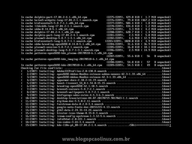 É iniciada a instalação de todos os pacotes baixados anteriormente É iniciada a instalação de todos os pacotes baixados anteriormente