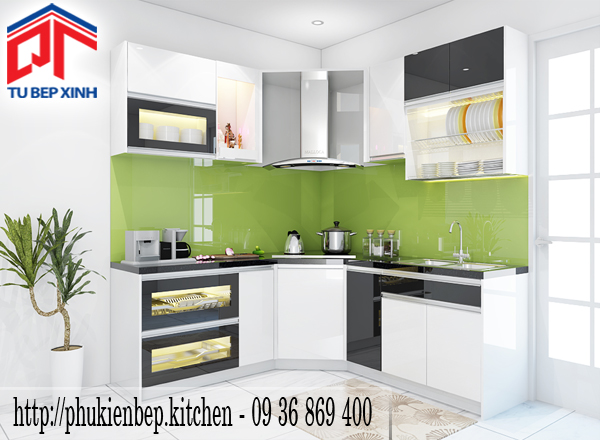 tủ bếp dành cho nhà phố tủ bếp chữ L màu trắng đen