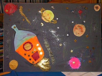 rocket and galaxy picture with glue and glitter