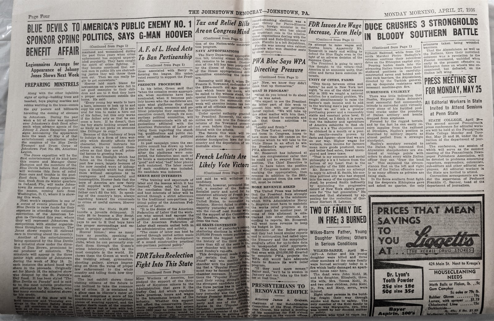 Old Johnstown Newspapers 27 April 1936 The Johnstown Democrat Morning Edition