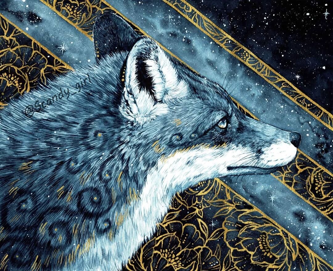 04-Fox-Jonna-Hyttinen-Blue-and-Gold-Fantasy-Animal-Watercolor-Paintings-www-designstack-co