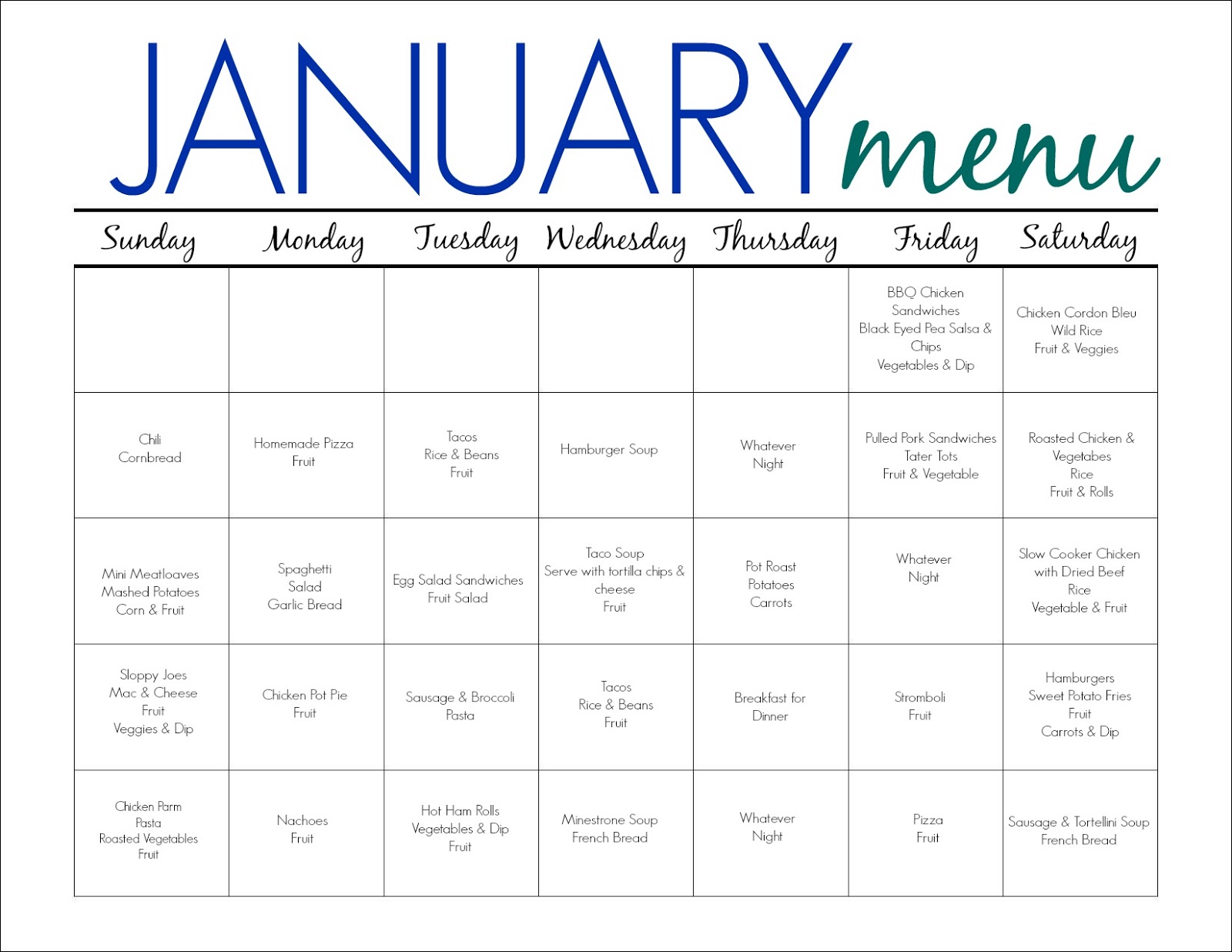 31 Days of Dinners A Meal Plan for January (Free Printable) The