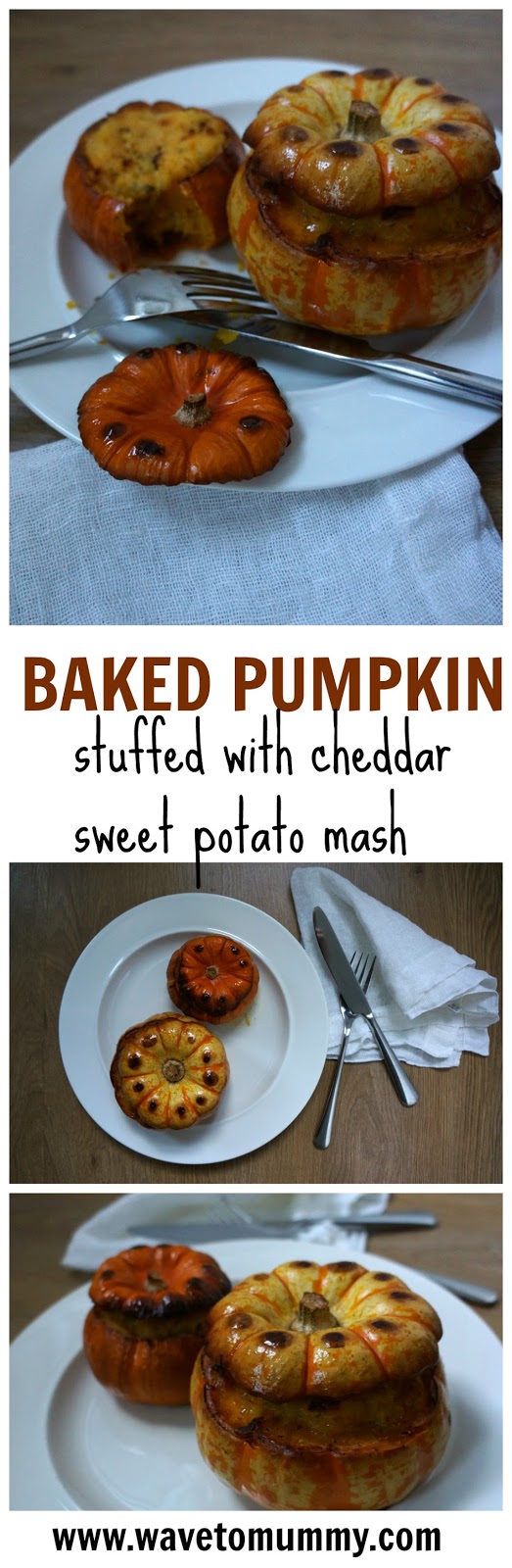 Baked stuffed pumpkin with cheddar sweet potato mash