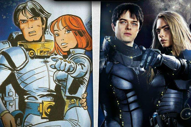Los personajes Valérian y Laureline en el cómic original y en la película de Luc Besson Valerian y la ciudad de los mil planetas